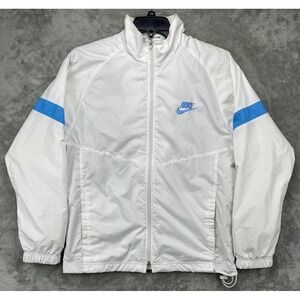 Nike Men's Nylon Windbreaker Jacket Sz M White w/Blue‎ Embroidered Logo Lined